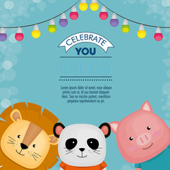happy birthday card with cute animals vector illustration design