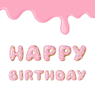 Cute pink Birthday card. Donut with pink glaze. Vector card template. Donuts hand drawn font.