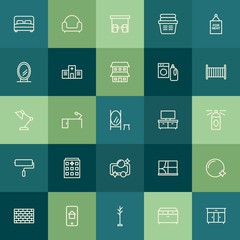 Modern Simple Set of buildings, furniture, housekeeping Vector outline Icons. Contains such Icons as  curtain,  shine, bedroom, pattern and more on green background. Fully Editable. Pixel Perfect.