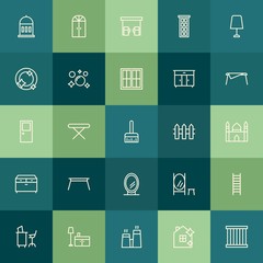 Modern Simple Set of buildings, furniture, housekeeping Vector outline Icons. Contains such Icons as  cleaner,  work,  table,  arc, hydrant and more on green background. Fully Editable. Pixel Perfect.