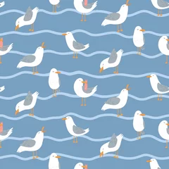 Wall murals Sea waves Seamless pattern with seagulls and waves. Cute cartoon seagulls on a coast. Summer vacation. Good for print.