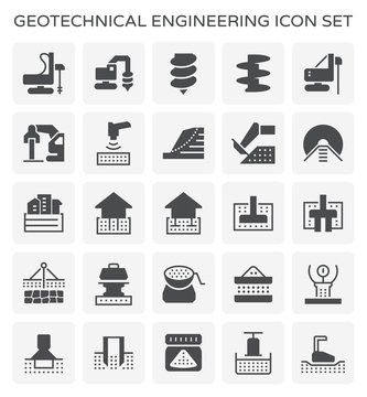 Geotechnical Engineering, Geotechnics And Geology Vector Icon With Machine Equipment I.e. Earth Auger Drill Core Bit, Rig. Include Survey, Soil Sample, Laboratory Test Analysis For Road, Foundation.