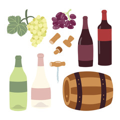 Winemaking hand drawing illustration set. Wine bottles, grape, barrel, cork, corkscrew. Vector clipart.