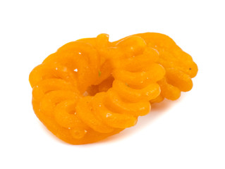 Indian Sweet Food Imarti Also Know as Amriti, Omriti, Jahangir, Jalebi, Jaangiri. It is Mde by Deep-Frying Vigna Mungo Flour Batter in a Kind of Circular Flower Shape. isolated on white Background