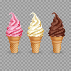 Set of realistic ice cream cones on transparent background. Vector Illustration