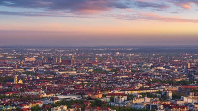 munich skyline timelapse from day to night aerial view