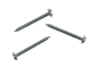 Top view of three round head tamper proof sheet metal screws isolated on a white background.