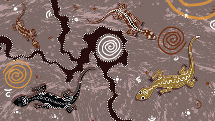 Fototapeta premium Wektor jaszczurka, tło sztuki Aborygenów z jaszczurką, ilustracja krajobrazowa oparta na aborygeńskim stylu malowania kropkowego.