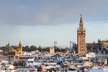 panoramic views of seville old town with giralda tower bell at background