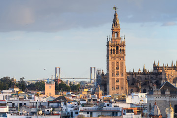 panoramic views of seville old town with giralda tower bell at background
