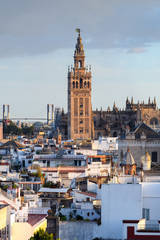 panoramic views of seville old town with giralda tower bell at background