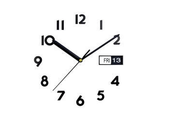 Isolated. Top view of the clock face. The Dial of watches. The hands on the clock. Calendar, Friday, 13 day.