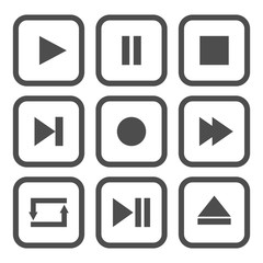 Media player control buttons. Play, pause, stop, record, forward, rewind, previous, next, eject, repeat  icon. Square. Vector.