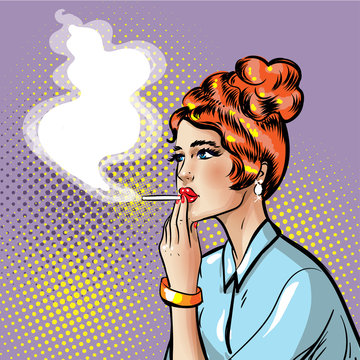 Fashionable pin-up smoking girl with smoking cigarette in her hand where there is place for text