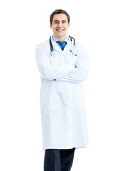 Full body portrait of happy smiling doctor, isolated