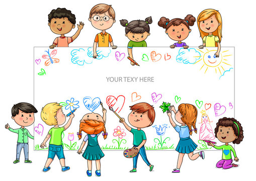 Funny cartoon children of different nationalities hold empty banner for your advertising
