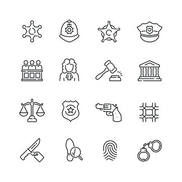 Law And Justice Related Icons: Thin Vector Icon Set, Black And White Kit