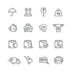 Shipping and delivery related icons: thin vector icon set, black and white kit