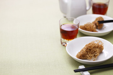 deep fried honeycomb taro dumplings, chinese dim sum and shaoxing wine