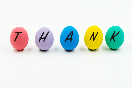 thank word on colorful easter eggs on white background