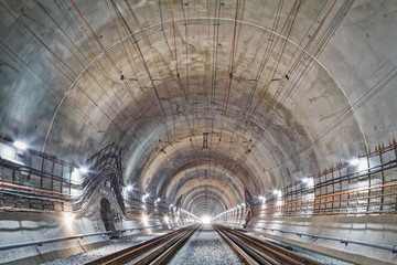 The Beskid tunnel. New railway tunnel in Carpathian mountains, Ukraine - obrazy, fototapety, plakaty