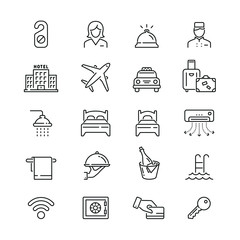 Hotel related icons: thin vector icon set, black and white kit