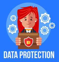 Business woman office worker character holding locked briefcase. Personal data protection concept. Vector flat cartoon design graphic illustration