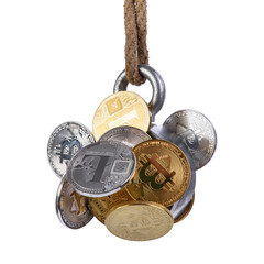 Bitcoin Ethereum Litecoin coins caught by magnet, isolated on white background, business concept,...