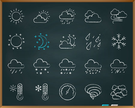 Weather Chalk Draw Line Icons Vector Set