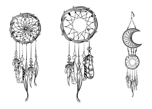 Set of hand drawn dream catchers. Ornate ethnic items, feathers and beads. Monochrome vector illustration.