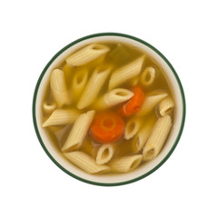 Penne pasta soup in a bowl on a white background.