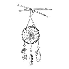 Monochrome vector illustration with hand drawn dream catcher. Ornate ethnic items, feathers and beads.