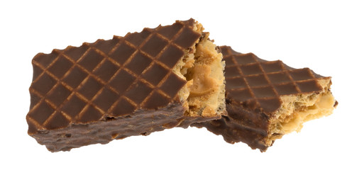 Broken chocolate covered peanut butter wafer cookie on a white background.