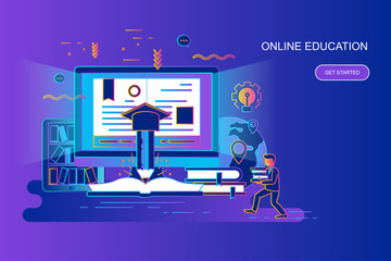 Modern gradient flat line concept web banner of online education with decorated small people character. Landing page template. - obrazy, fototapety, plakaty