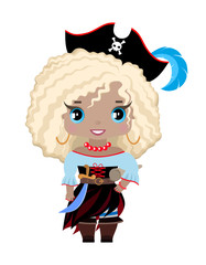 little pirate girl in a hat with a feather, boots, pirate outfit, with a sword and a treasure map. With blonde hair and blue eyes, smiling. Isolated image