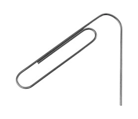 Bent paper clip on a white background.