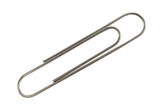Metal paper clip on a white background.