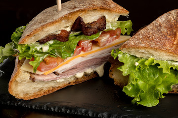 Close up of a fresh made Club sandwich with bacon and lattice