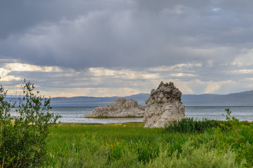 Classic sand stone formations, known as Tufa, higlighted along the coast line of Mono Lake, near the town of Lee Vining, in Eastern California