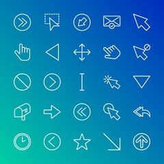 Modern Simple Set of arrows, cursors, email Vector outline Icons. Contains such Icons as  forward,  left,  circular,  choose,  scroll and more on gradient background. Fully Editable. Pixel Perfect.