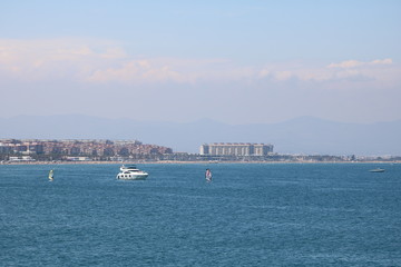 Gulf of Valencia Spain with beach and mountains in the background