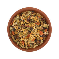 Top view of salt free seasoning in a small bowl isolated on a white background.