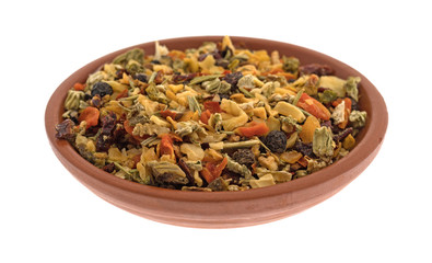 Salt free seasoning in a small bowl isolated on a white background.