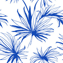 Vectorillustratie Tropische jungle naadloze bloemmotief achtergrond met palm beach banaan monstera bladeren. Geel en blauw. Grunge stijl ontwerp textiel print, poster, behang en inpakpapier