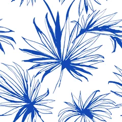 Keuken foto achterwand Blauw wit Vectorillustratie Tropische jungle naadloze bloemmotief achtergrond met palm beach banaan monstera bladeren. Geel en blauw. Grunge stijl ontwerp textiel print, poster, behang en inpakpapier
