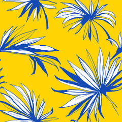 Fototapeta na wymiar Vector illustration Tropical jungle floral seamless pattern background with palm beach banana monstera leaves. Yellow and blue. Grunge style design textile print, poster, wallpaper and wrapping paper