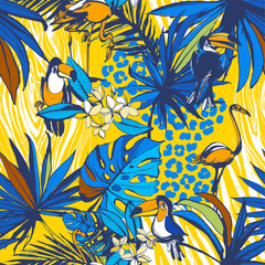 Vector illustration Tropical floral summer seamless background pattern with monstera palm beach leaves, flowers, flamingo, toucan birds and leopard, zebra prints. Hand drawn ink blots grunge design.