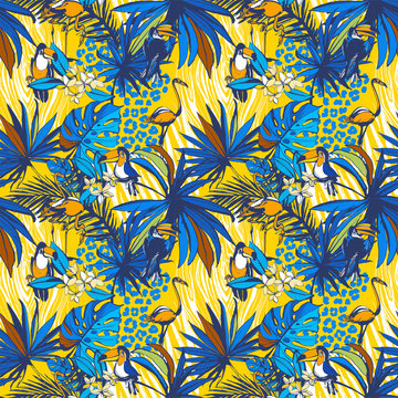 Illustration Tropical floral summer seamless background pattern with monstera palm beach leaves, flowers, flamingo, toucan birds and leopard, zebra prints. Hand drawn ink blots grunge design.