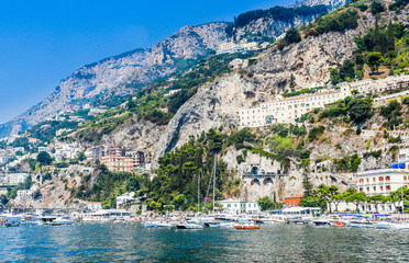 View of  Pastena village on Amalfi coast seen from the sea, Campania, Italy