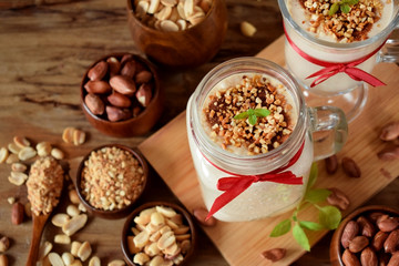 Protein cocktail with peanuts in a glass jar